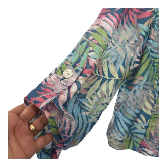 Ruby Rd. Petite 10P Tropical Leaf Print Button-Up Sheer Lightweight Jacket - Picture 4 of 12